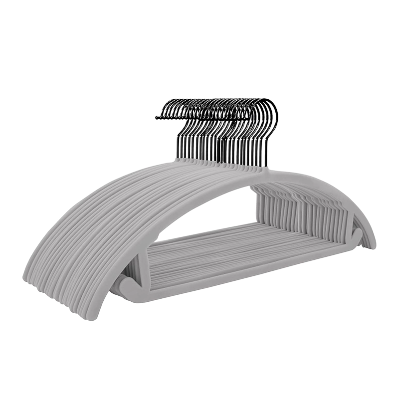 Ultra Thin ABS Plastic Gray Velvet Hangers Black Hooks Curved Space Saving for Coats Sweaters Jackets Pants