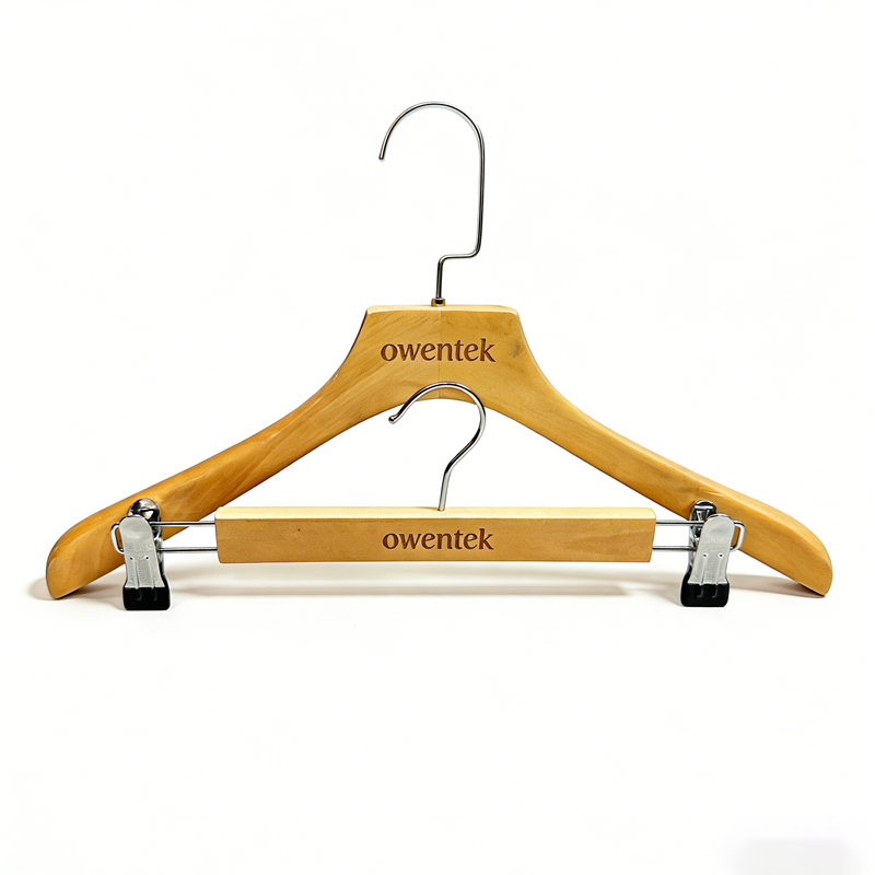 Owentek Custom Logo Solid Wooden Clothes Hanger and Pants Hangers Set for Brand Clothing Store Boutique